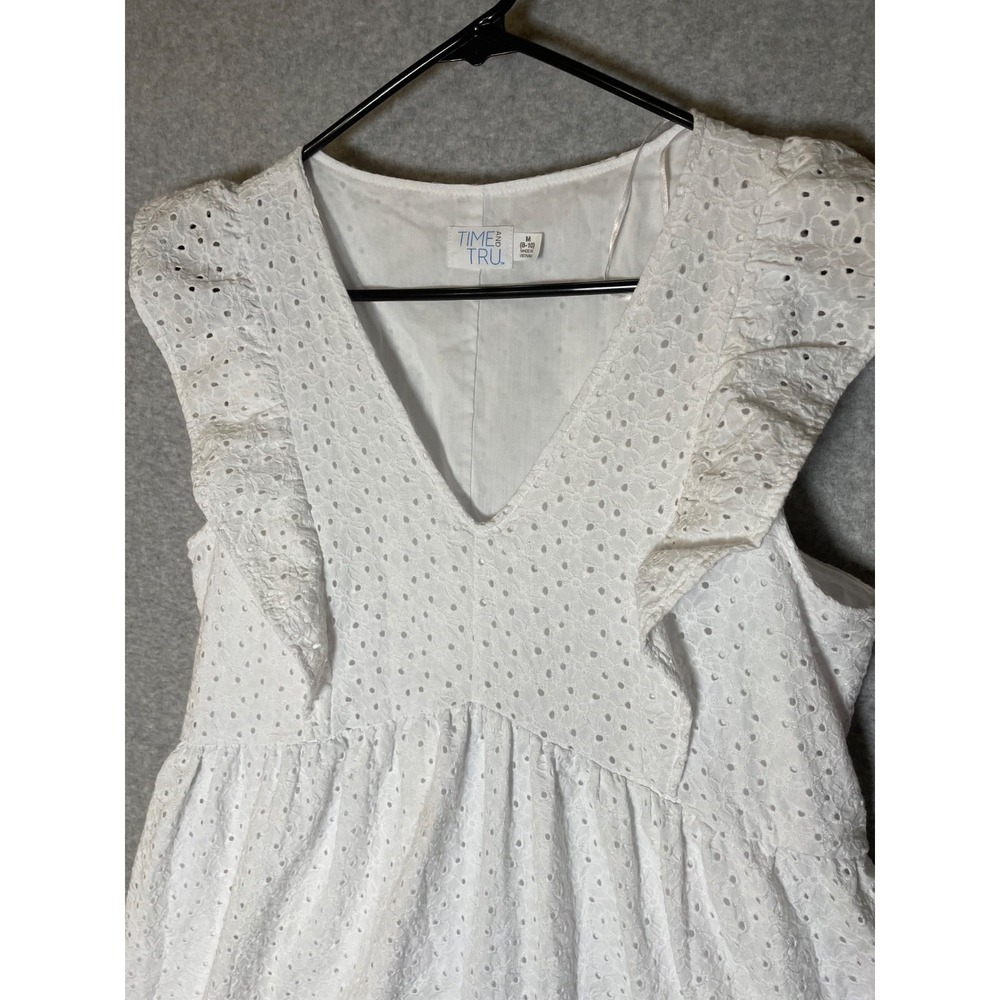 Time & Tru Eyelet Dress‎ Medium White Short Pockets Western Cottagecore Ruffle - Picture 2 of 12